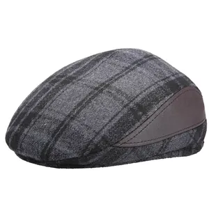 Plaid newsboy flat cap for men with ear protection and warm fleece lining for winter