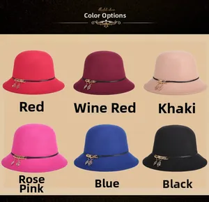 Detail of wool felt cloche hats with leather bands and metallic leaf charms in six colors