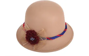 Detail of wool cloche hat with burgundy crochet flower and mesh bow decoration