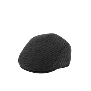 Winter men's dark grey textured flat cap with ear flaps and warm fleece lining