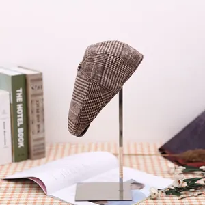 Classic men's brown plaid flat cap with fleece lining for autumn and winter outdoor wear