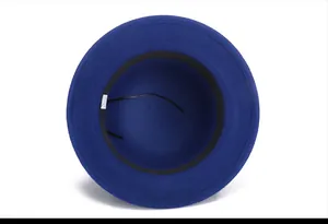 Top view of royal blue felt fedora showing interior sweatband and adjustable drawstring