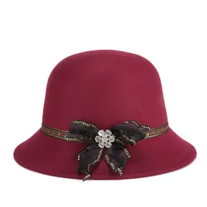Elegant wine red wool cloche hat for women with black lace bow and rhinestone brooch