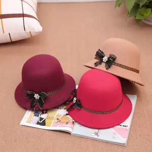 Women's spring wool fedora hats with mesh bow and crystal accents in assorted colors