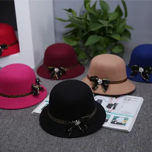 Elegant wool felt cloche hats for women in multiple colors with sequin lace bow decoration