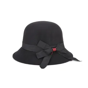 Elegant black wool cloche hat for women featuring a stylish grosgrain ribbon and red accents