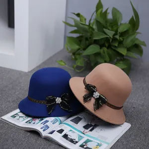 Women's vintage wool felt bucket hats with lace bows in royal blue and beige