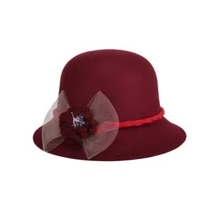 Retro Women Wool Felt Cloche Hat Elegant Flower Mesh Bow Accent Warm Winter Bucket Hat Vintage Solid Color Dress Hat
