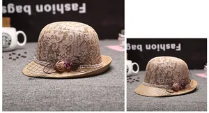 Détail d'un chapeau de paille élégant avec dentelle, perles, roses en tissu et voilette