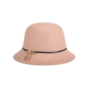 Elegant khaki wool cloche hat for women featuring a black cord and gold leaf pendants