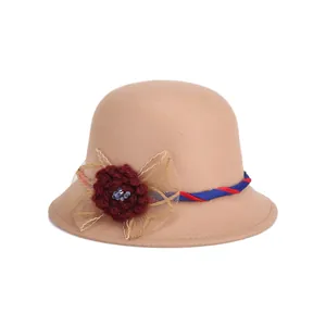 Elegant camel wool cloche hat for women with red crochet flower and mesh lace detail