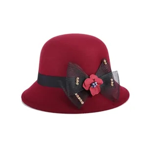 Chapeau Cloche Vintage en Laine pour Femmes Élégant Nœud en Maille Fleur Chapeau de Cérémonie Réglable Automne Hiver Chaud Mode Fedora