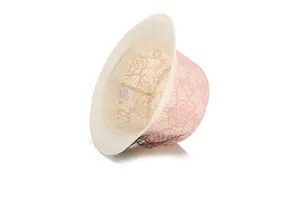 Détail de l'intérieur d'un chapeau de soleil en dentelle rose avec logo et voilette