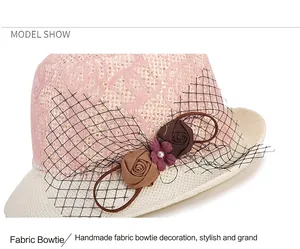 Détail d'un chapeau en dentelle rose avec roses en tissu, voile et perles fines