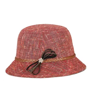 Elegante cappello da sole in lino arancione da donna con fascia e fiocco nero