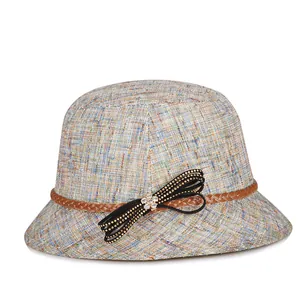 Elegante cappello da sole in lino multicolore con fiocco decorativo e strass lucidi