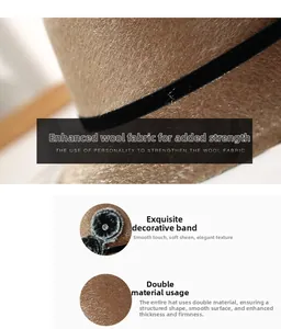 Detail of brown wool fedora featuring double-thick reinforced fabric and black velvet ribbon