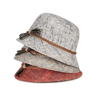 Eleganti cappelli da sole in lino da donna in tre colori con nastri in pelle e fiocchi
