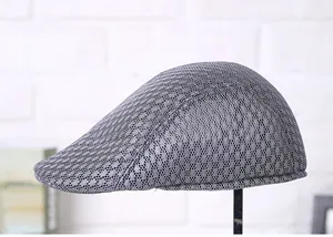 Side view of gray summer mesh ivy cap with breathable texture on display stand