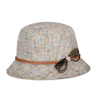 Elegante cappello da sole in lino con trama tweed, cinturino in pelle e fiocco strass