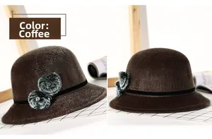 Detail view of coffee brown wool cloche hat with pompom ornaments and rhinestone accents
