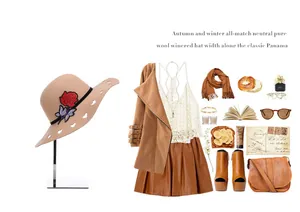 Detail of wool fedora with red rose embroidery and heart cutout brim for autumn wear
