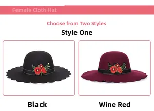 Detailed embroidery of red flowers and green leaves on the brim of a wool felt sun hat