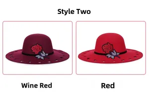 Detail view of wool fedora hat with rose embroidery and heart-shaped cutout rim