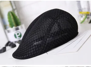 Side view of black mesh flat cap for men, featuring breathable summer net fabric detail