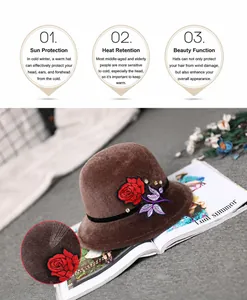 Detailed view of warm winter faux mink fur hat with elegant floral embroidery decoration