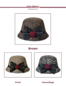 Three color variations of wool cloche hats including brown, khaki, and camo with floral trim