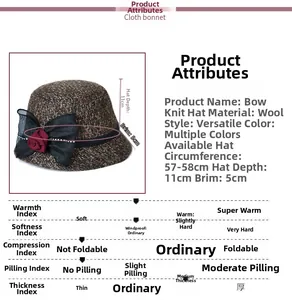 Detailed size guide for brown wool felt hat with mesh bow and floral decor