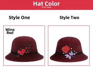 Detail of wine red faux fur hats with floral embroidery and rhinestone accents