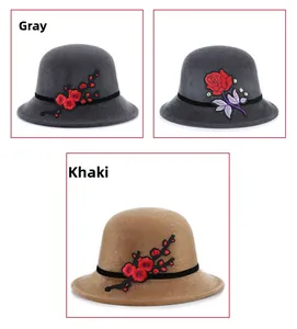 Detailed embroidery of plum blossoms and roses on elegant faux mink fur winter bucket hats