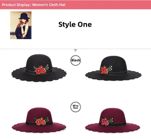 Detail of wool fedora with floral embroidery and polka dot ribbon in black and burgundy