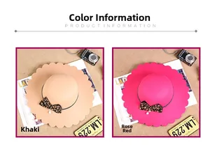 Detail of wool fedora hats with wavy brims, leopard bows and pearls in khaki and rose red