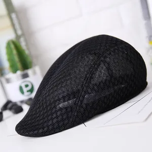 Men's breathable black mesh flat cap for summer, lightweight beret with sun protection