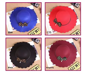 Detailed collage of wool fedora hats in blue, red, black and burgundy with leopard bow
