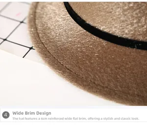 Detail of 6cm reinforced wide brim camel felt hat with thick textured faux mink fur