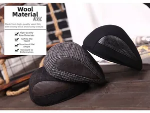 Three premium wool felt flat caps for men in black, grey houndstooth, and dark plaid styles