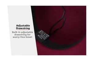 Detail of wool hat interior featuring adjustable drawstring and material care label