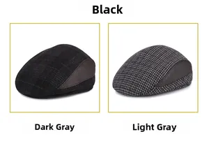 Detail of winter flat caps in houndstooth and check patterns with ear protection