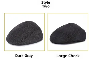 Detail view of winter flat cap textures in grey herringbone and dark plaid wool patterns