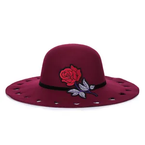 Women Vintage Wool Blend Fedora Hat With Rose Embroidery And Heart Cutout Wide Brim Warm Elegant Autumn Winter Hat