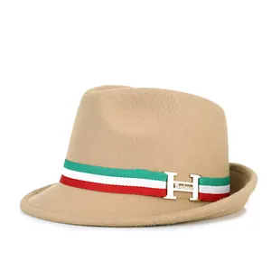 Khaki wool felt jazz fedora hat with tricolor ribbon band and gold metal H buckle