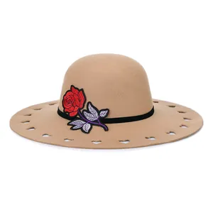 Camel felt wide brim hat with red rose embroidery and heart-shaped cutout details