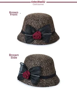 Front and side macro views of a brown cloth bonnet with a black bow and red rose