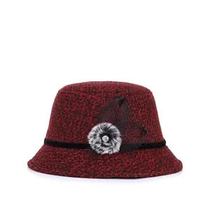 Women Autumn Winter Cloche Hat With Faux Fur Pompom Rhinestone Mesh Flower Warm Elegant Tweed Bucket Hat For Women