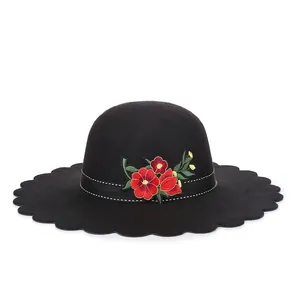 Black wool felt fedora with scalloped brim and elegant red floral embroidery details