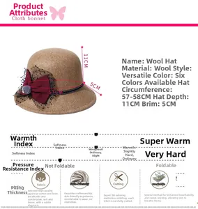 Detail view of winter wool fedora with bow and veil showing 57-58cm size specifications
